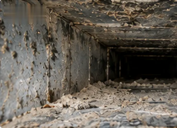 Inside of an air conditioning duct with accumulated dust, before cleaning