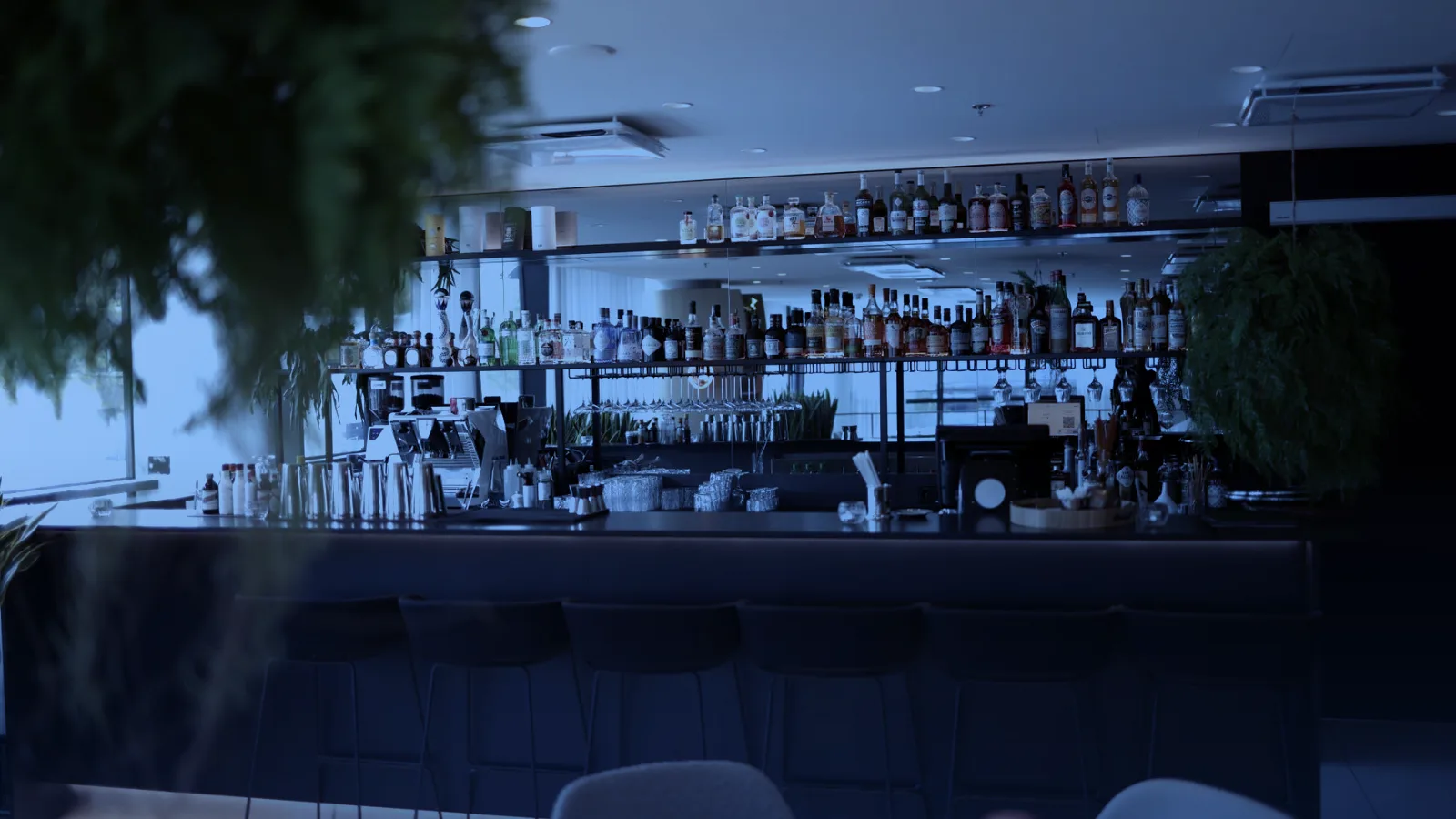 Barra de un bar moderno vacío con estantes de botellas
