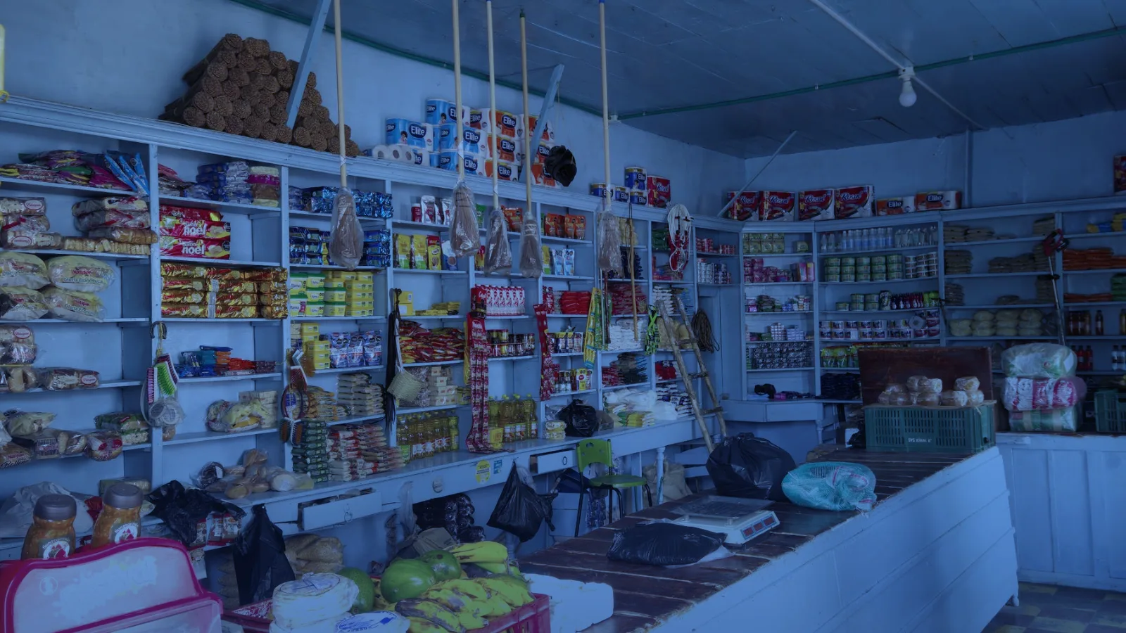 Interior de una tienda de abarrotes pequeña con mostrador y estantes