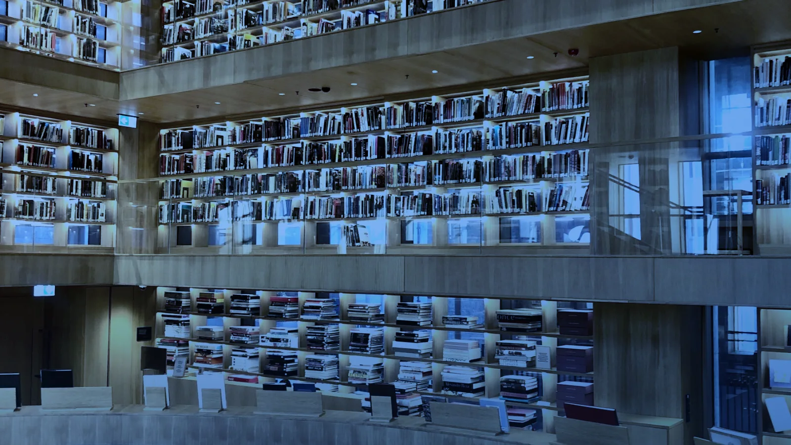 Interior de una biblioteca moderna con estantes de madera y gradas circulares